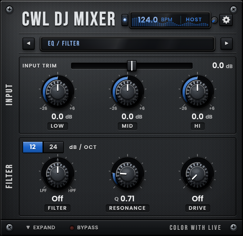 CWL DJ Mixer collapsed view, EQ / Filter page