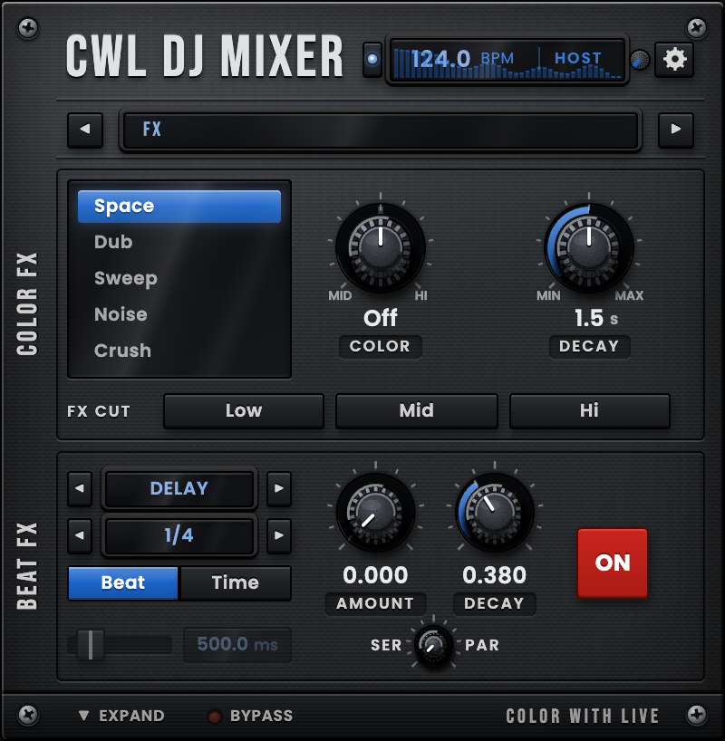 CWL DJ Mixer collapsed view, FX page
