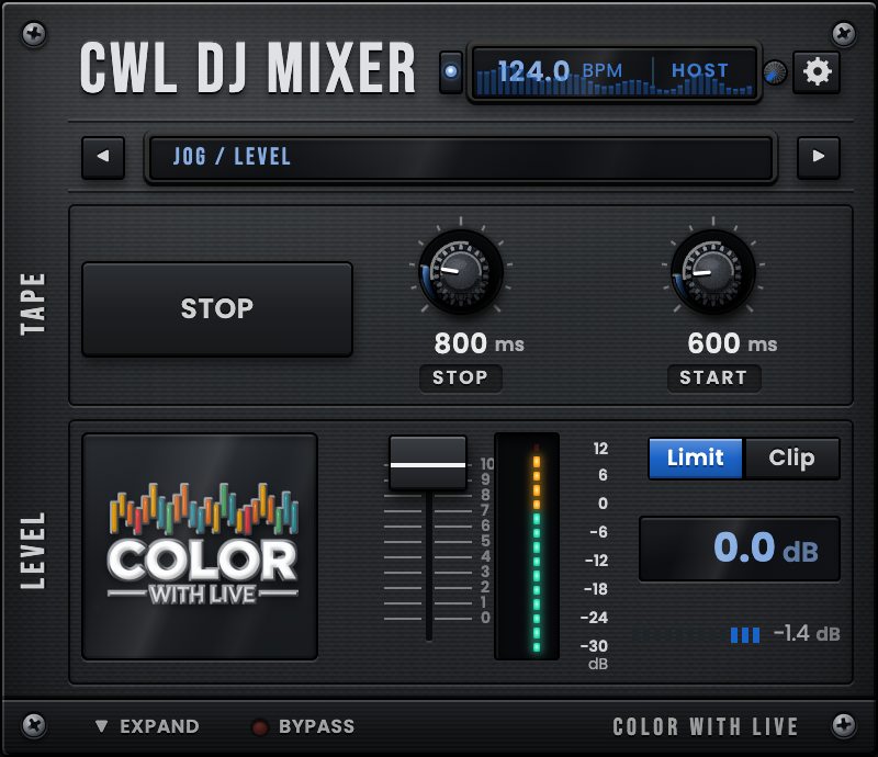CWL DJ Mixer collapsed view, Jog / Level page